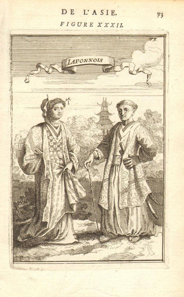 JAPAN COSTUME. Man & woman in 17C dress. Sumarai sword Katana. MALLET 1683